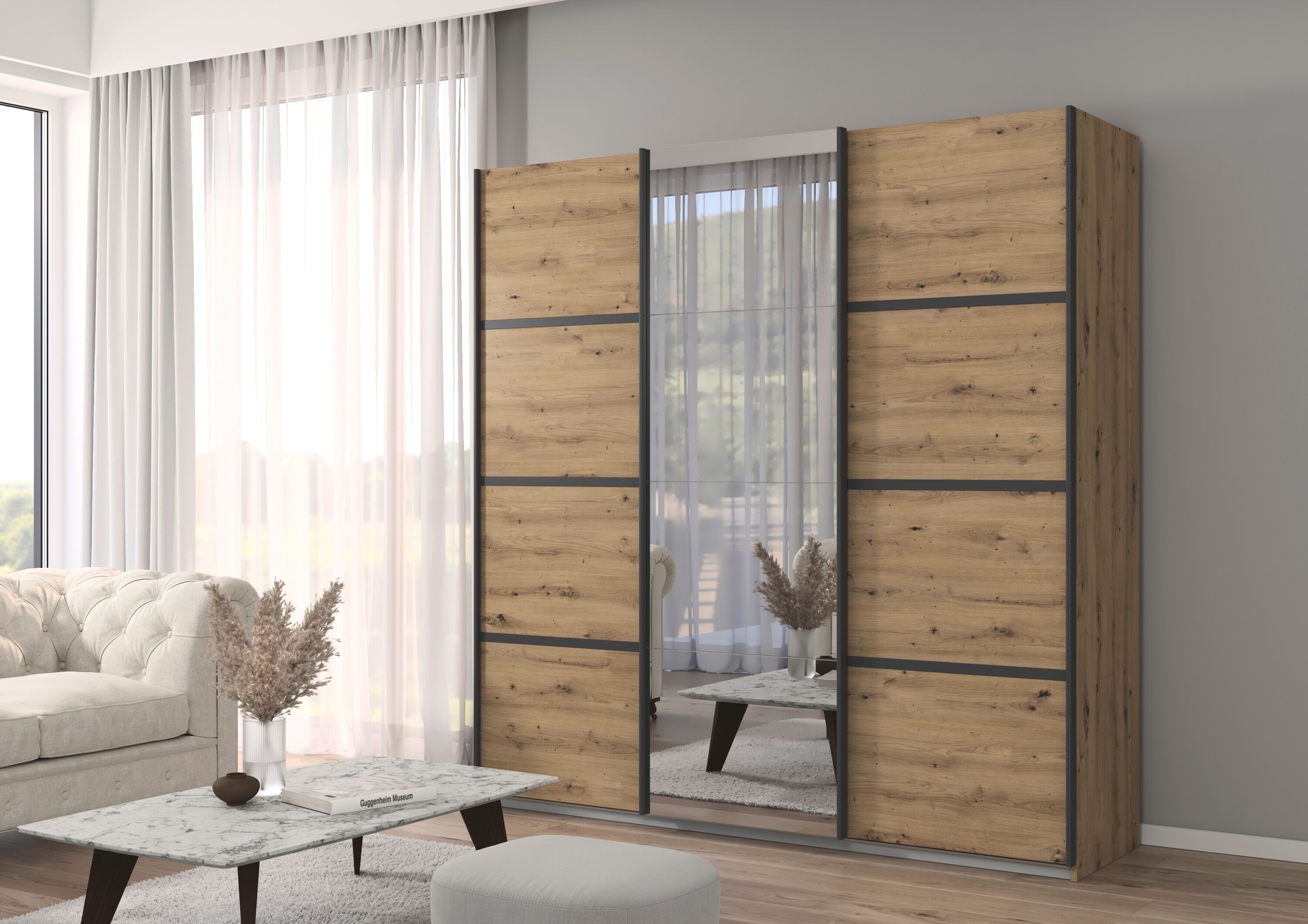 Kleiderschrank OTTO HOME "Mehrzweckschrank Aktenschrank Möbel Mietswohnung Schlafzimmer AVOLA", beige (eiche artisan, leisten graumetallic), B:203cm H:229cm T:62cm, Holzwerkstoff, Schränke, Kleiderschrank, Eiche Artisan, Leisten GRAUMETALLIC