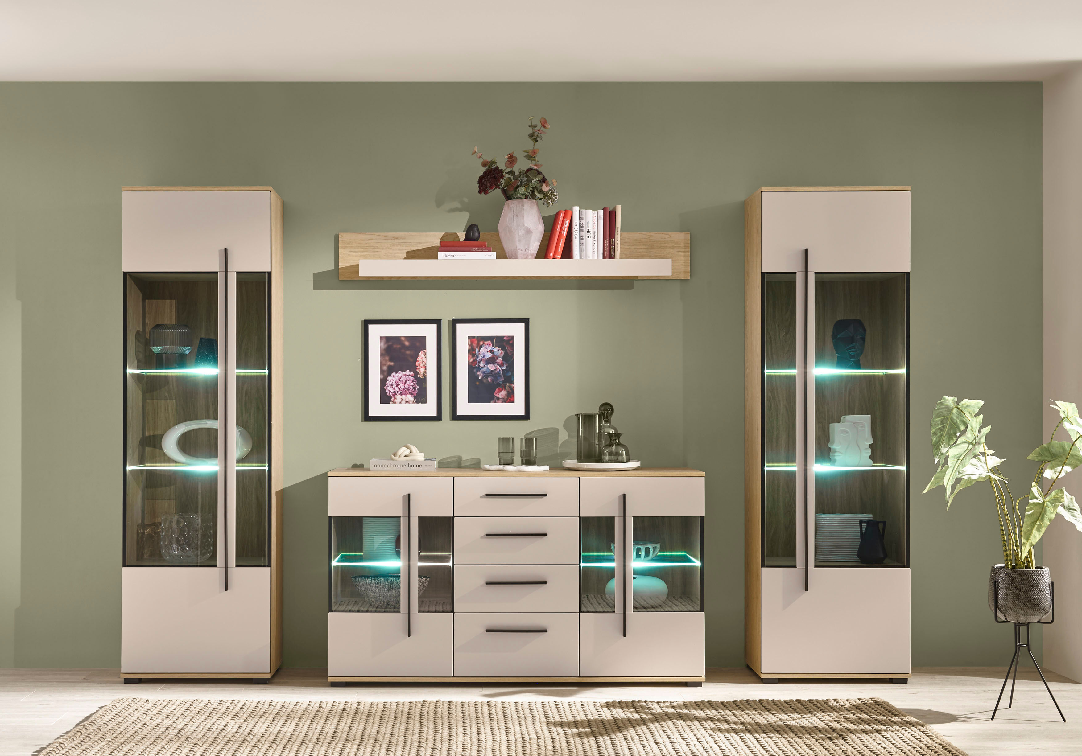 Wohnwand HOME AFFAIRE "Cantara, Anbauwand, Wohnzimmer-Set, in Eiche Evoke, Weiss oder Kaschmir", beige (eiche cremona toro, kaschmir matt), B:290cm H:200cm T:42cm, Holzwerkstoff, Kastenmöbel-Sets, Wohnwand, enthält zwei Vitrinen, ein Sideboard und ein Wan
