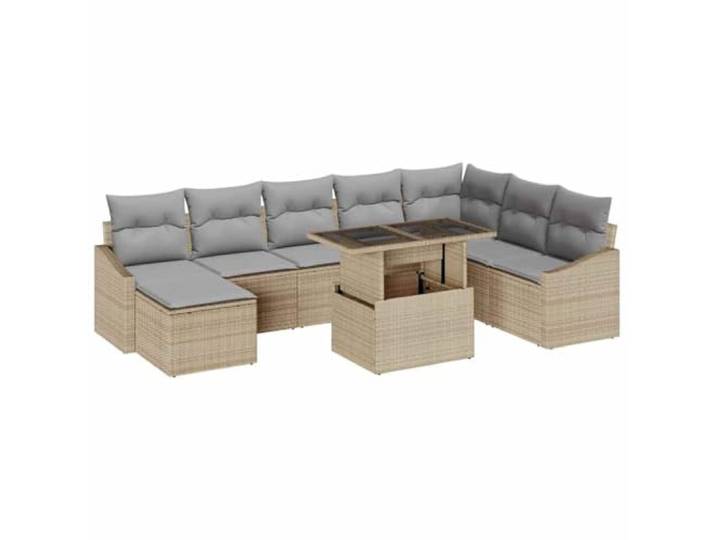ZQQLVOO Sofa Set 9 STK. Beige und Hellgrau Poly-Rattan Verstellbarer Tisch, Kaffeetisch zu Esstisch, versteckter Stauraum, wasserfeste Tasche, dünne Polster, Poly-Rattan Armlehnen