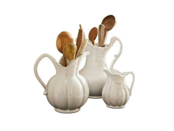 Loberon Krug 3er Set Lucanera, weiß Aus Steingut, Glänzendes Finish, Elegante Ornamentik