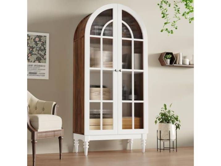 Bogen Vitrinenschrank 165cm, Riffelglas Doppeltüren, 3 Böden,Nussbaum+Weiß Gewölbter Küchenschrank mit Vintage-Metallgriffen, stabilen Holzfüßen, Staubgeschützt für Vitrinenschrank Wohnzimmer, Flur