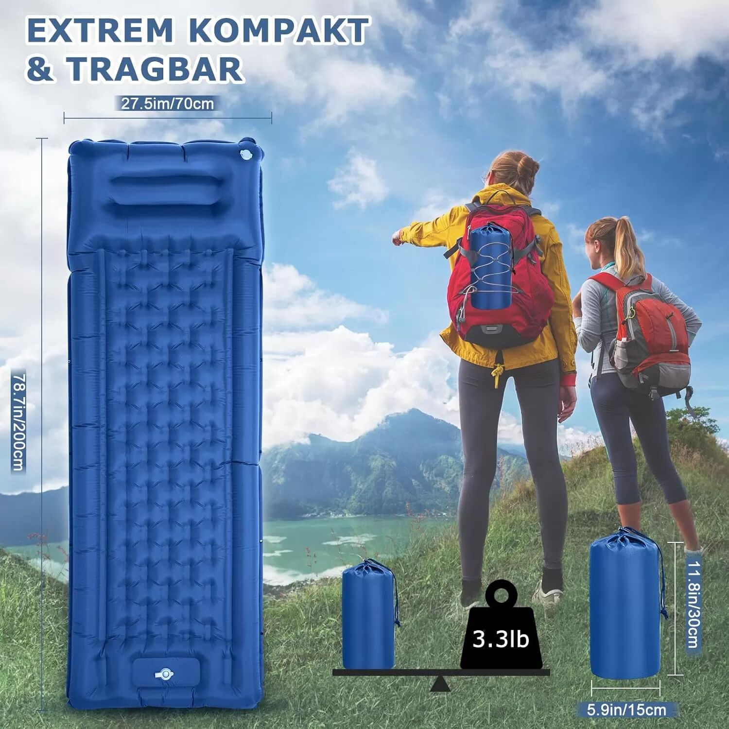 INF Matelas de couchage gonflable ultraléger pour le camping et la randonnée Bleu