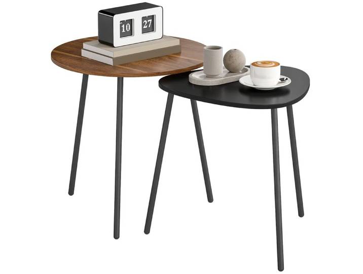 Lot de 2 tables basses gigognes tables d'appoint contemporain cadre en métal ronde et triangulaire noyer et noir
