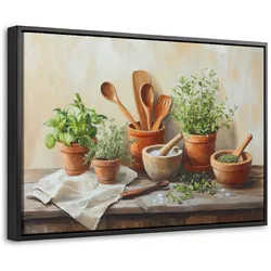 LEINWAND Bilder mit Rahmen - Töpfe - Kräuter - Holz - 60x40