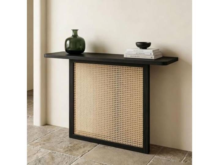Konsolentisch Rattan Schmal Flurtisch Eingang Beistelltisch Anrichte Ablage mit Rattan Geflecht für Flur, Diele, Wohnzimmer, Sofa Hinterseite, Korridor & Kleine Räume