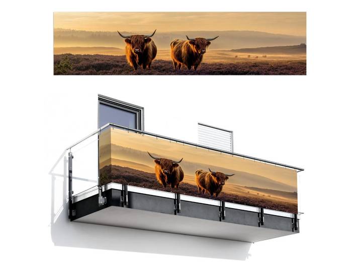 MuchoWow Balkon-Sichtschutz Schottische Hochlandbewohner - Heide - Landschaft - Tiere, Cognac, Kunststoff, Rechteckig, 500x120 cm, Sonnenschutz, Sichtschutz