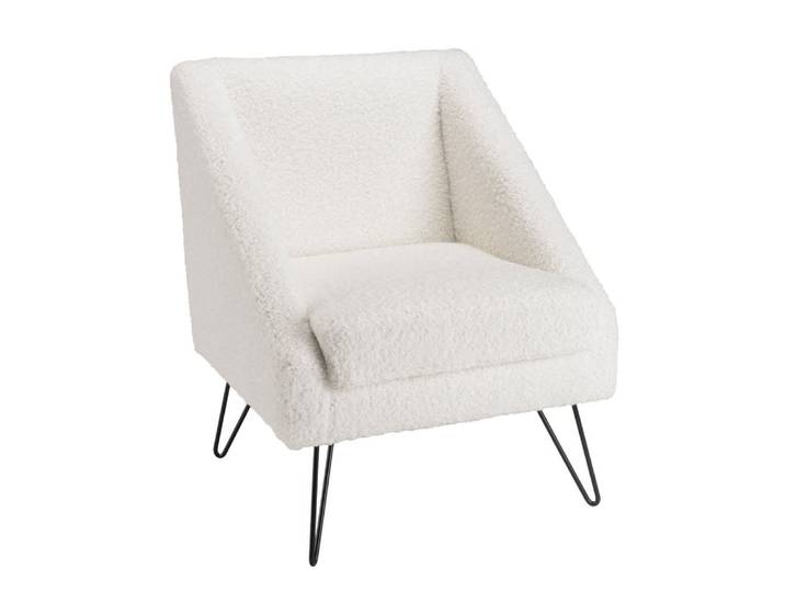Fauteuil tissu bouclette blanc pieds épingles métal noir