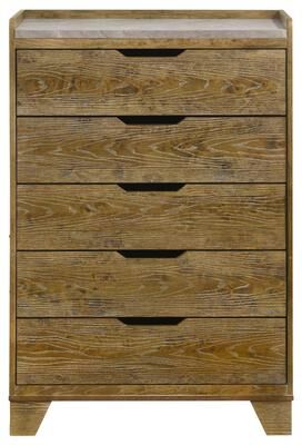 Benjara Nolan Tall Dresser Chest with Faux Marble Top, 5 Drawers, Brown Wood