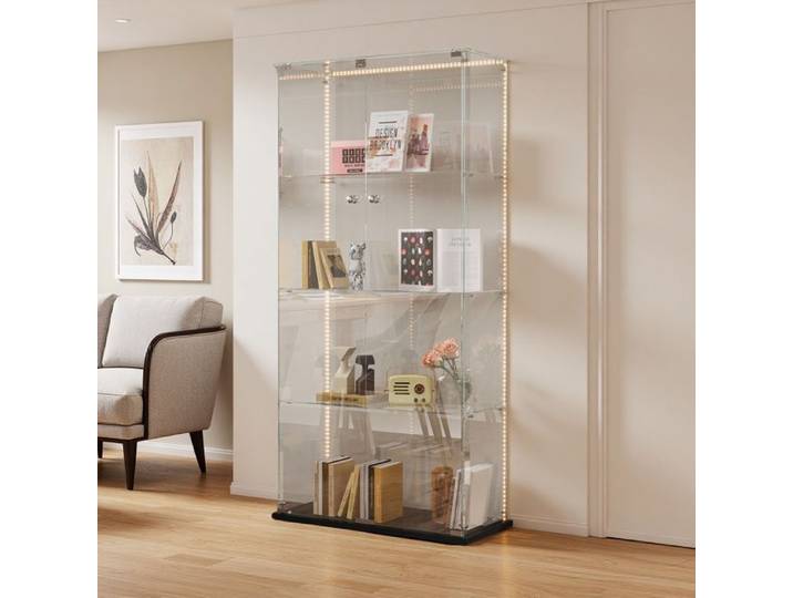 Vitrine en verre LED Armoire à vitrines avec 4 étagères 2 portes Vitrine moderne pour collection ou décoration Noir