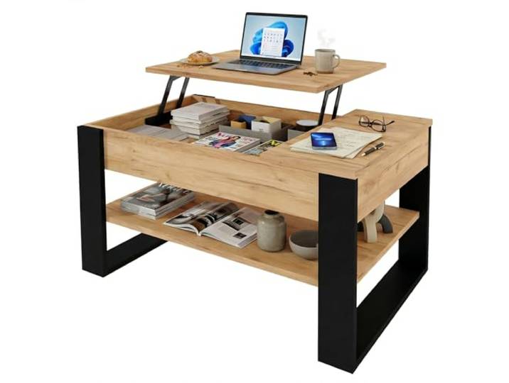 möbelkap Couchtisch mit anhebbarem & ausziehbarem Blatt Höhenverstellbarer Wohnzimmertisch mit Stauraum Sofatisch Craft Gold/Schwarz Modern mit Liftfunktion