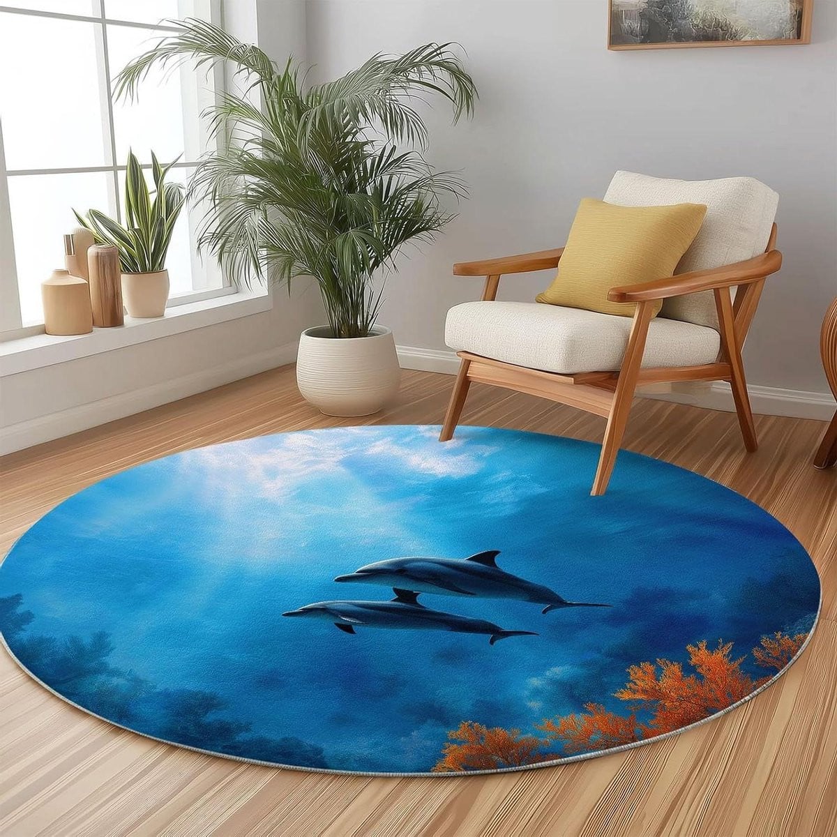 Rond Vloerkleed Blauw Dolfijnen - Machinewasbaar Imitatie Kasjmier - 160 cm