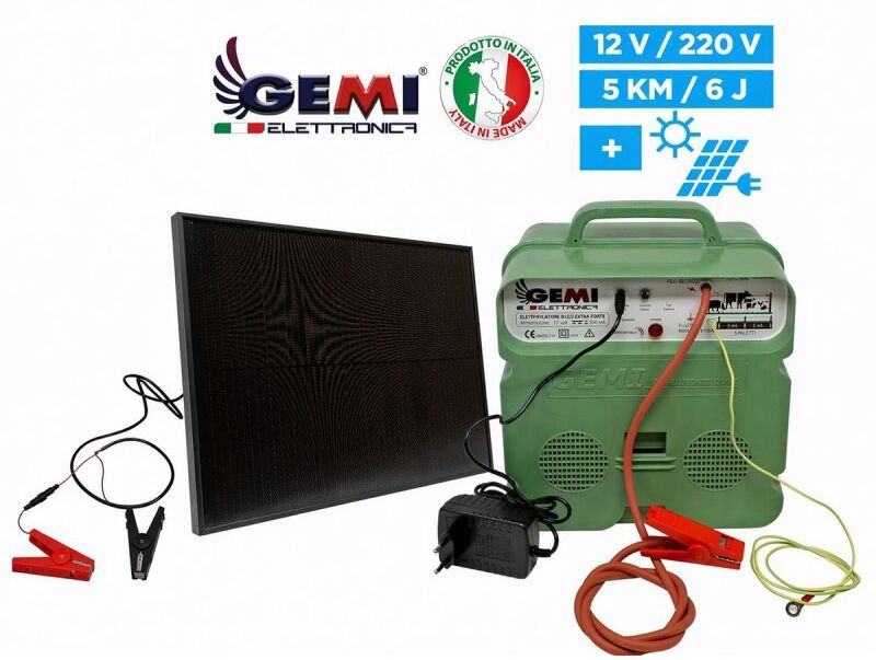 Gemi Elettronica Électrificateur clôture électrique 5 km b/12 12v 220v avec panneau solaire pour chevaux bovins élevage gemi