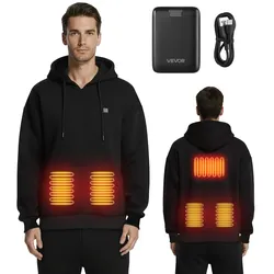 VEVOR Beheizbarer Hoodie, Unisex, Heizpullover mit 7,4 V 16000 mAh wiederaufladbarem Powerbank-Pack, 5 Heizzonen, 3 Temperaturstufen, 4–8 Stunden Wärme, für Winter-Outdoor-Camping, Schwarz, XL