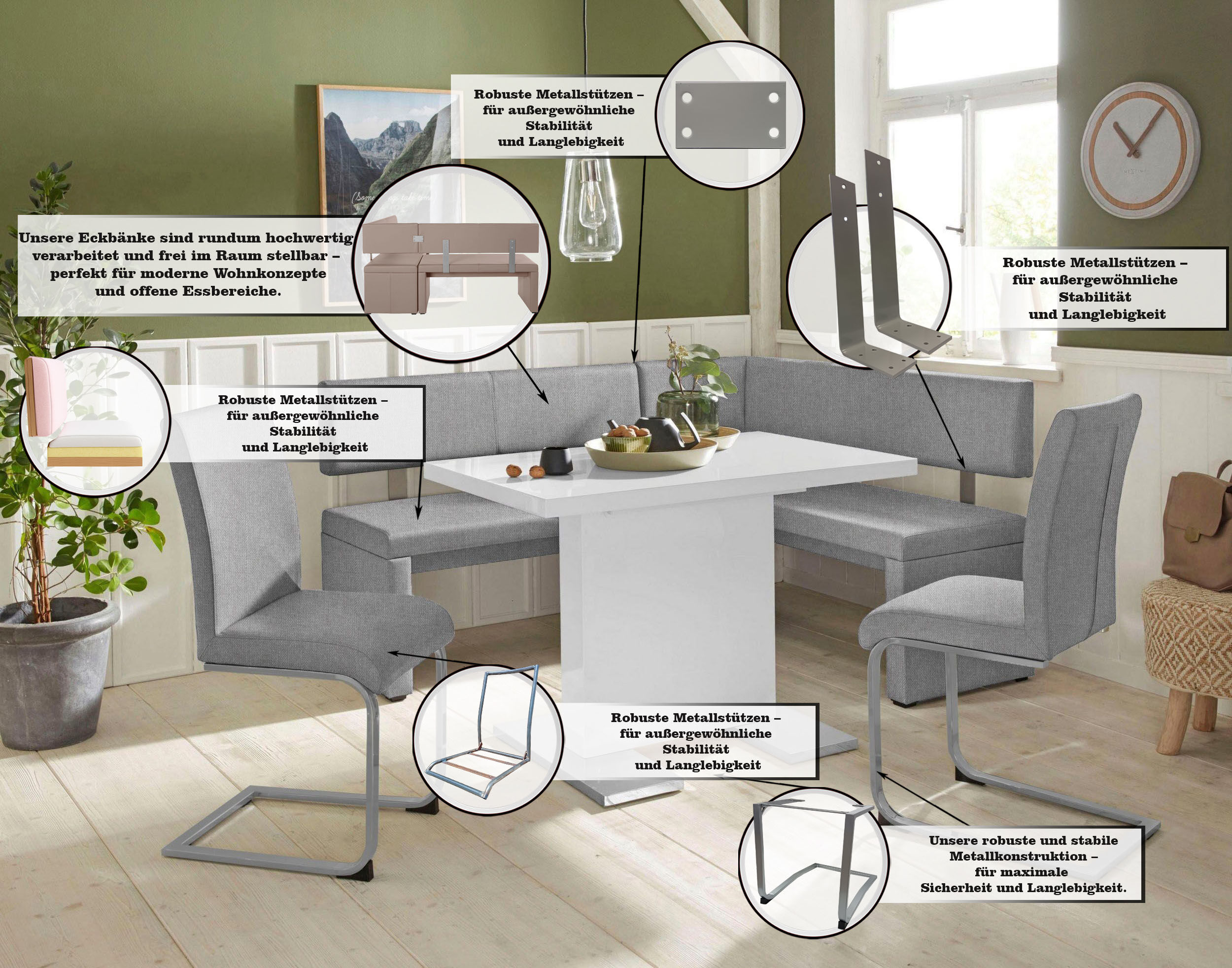 Eckbank GOODPRODUCT "Charissa", grau (hellgrau (capulet 4003)), B:210cm H:90cm T:140cm, Holzwerkstoff, Massivholz, Sitzbänke, Eckbank, in 3 Grössen, verschiedene Qualitäten hellgrau (capulet 4003) B/H/T: 210cm x 90cm x 140cm, Strukturstoff, langer Schenke