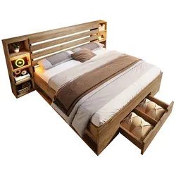 Doppelbett 160x200 cm mit Stauraum, LED-Beleuchtung, USB- und Type-C-Anschluss, Kopfteil mit Ablagen und 2 Schubladen, Holzkonstruktion, Eiche