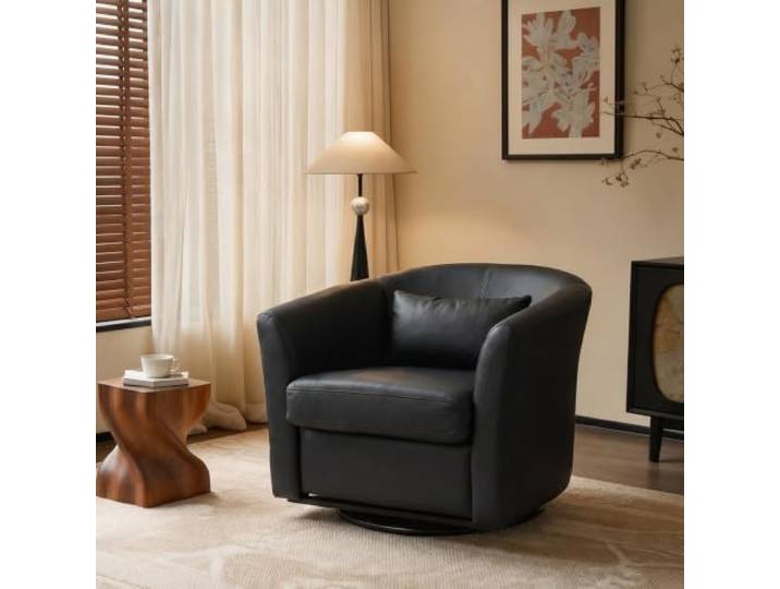 HomeMiYN Relaxsessel Wohnzimmer 360° Drehstuhl mit Stauraum Kissen Runder gepolsterter Fernsehsessel aus strapazierfähigem Kunstleder, wasserabweisend, ergonomisches Design, Schwarz