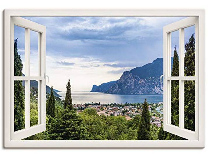 ARTLAND Wanddeko Leinwand Bilder Wandbild Querformat Fensterblick Gardasee Landschaft See Natur Berge Italien U1TV