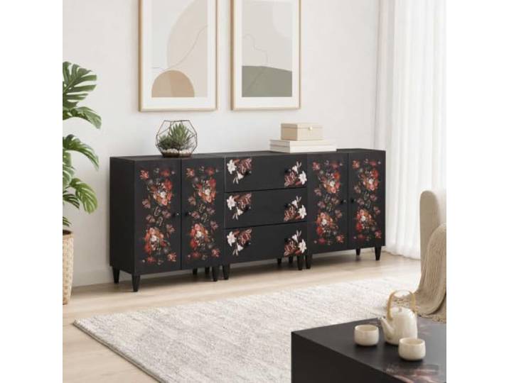GPWERSDF Stauraumschrank 3 STK. 180x33x75 cm Massivholz Mango mit Türen Massivholz Mango, floral Muster, Messingknöpfe, verstellbare Regale, Wohnzimmer