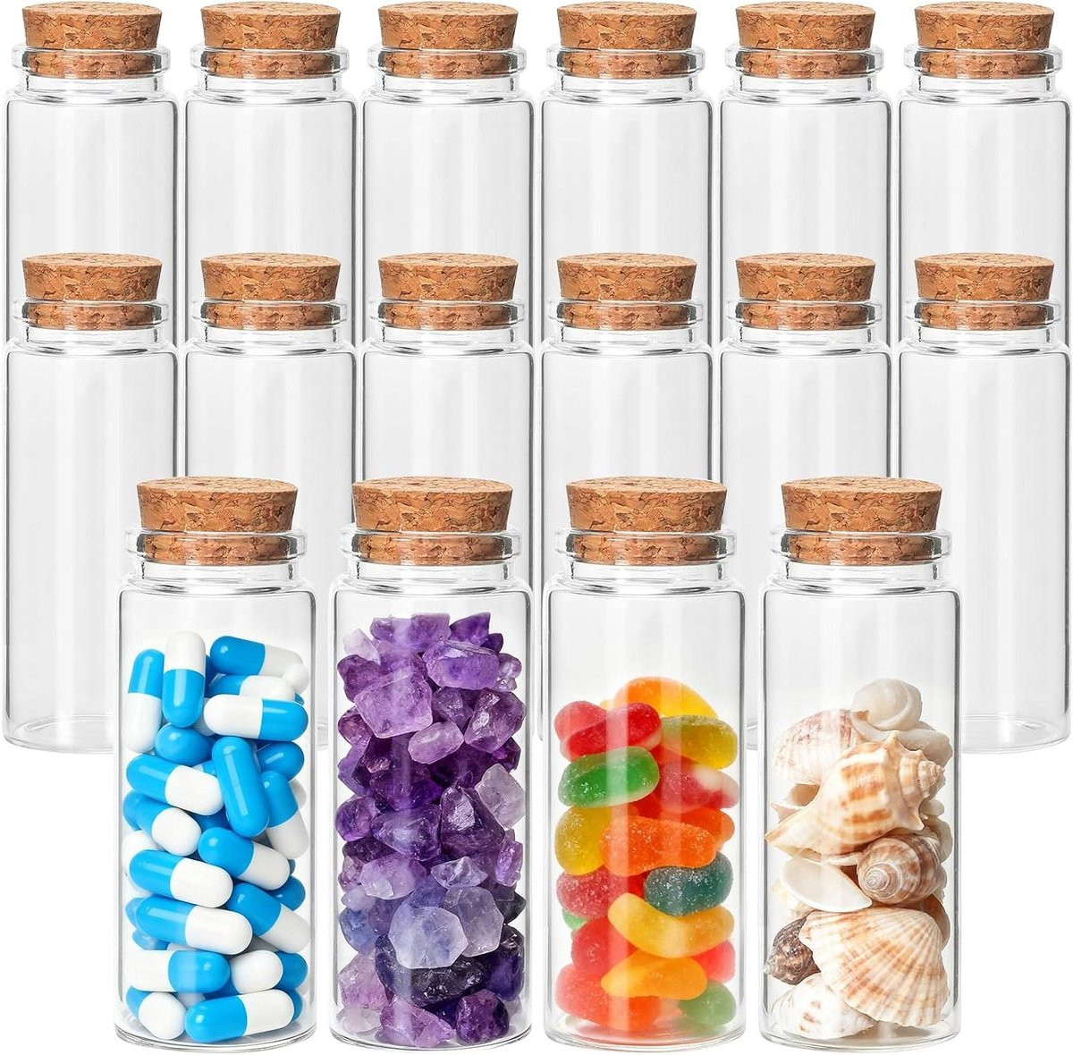 Set van 16 transparante glazen flesjes met kurk van 80 ml voor kleine opslag