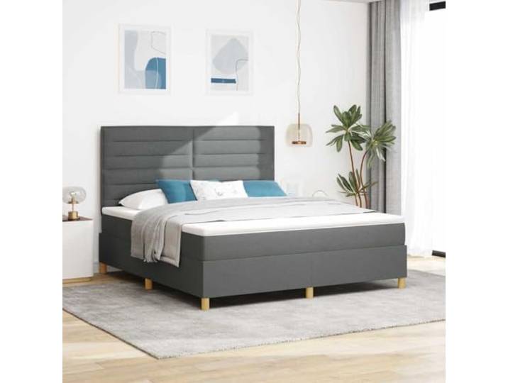 Boxspringbett mit Matratze dunkelgrau 180 x 200 cm Stoff Kopfteil in 2 Höhen verstellbar, Holzlatten, Taschenfedern, Holzbeine, atmungsaktives Gewebe