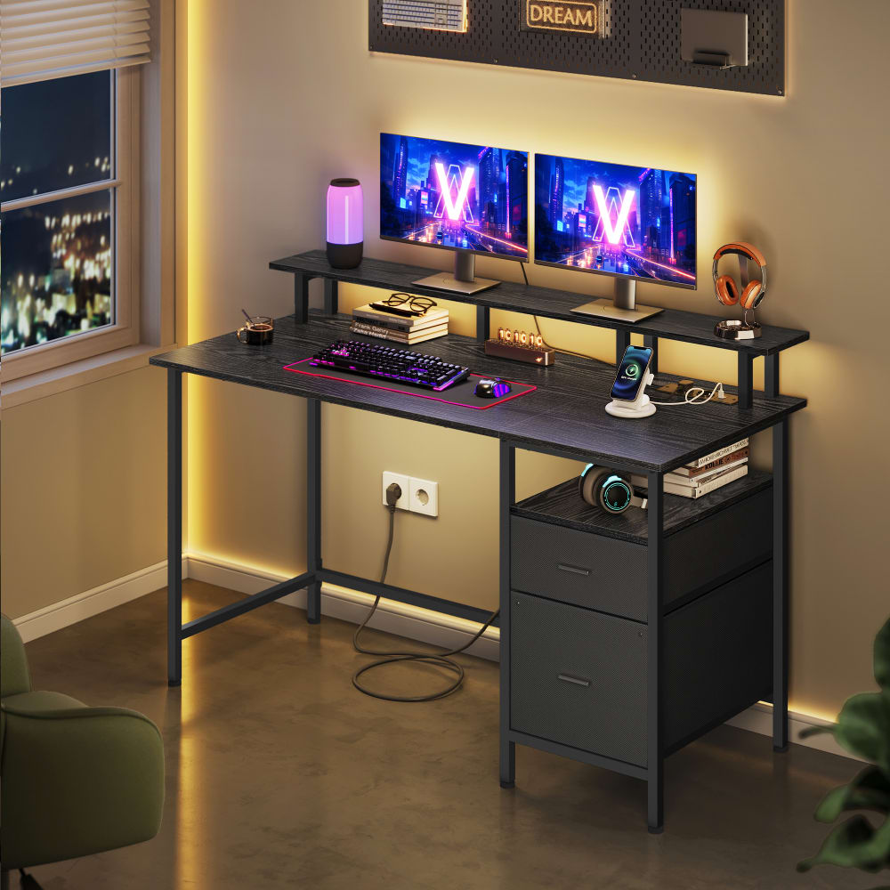 VASAGLE Bureau gaming avec tiroirs multiprise 2 ports usb 140 x 60 cm noir Noir 140x90x60cm