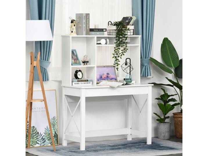 Bureau bibliothèque 2 en 1-3 niches 4 espaces de Rangement - Panneaux Particules métal Blanc