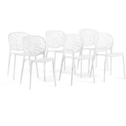 RATTATAN Set mit 6 stapelbaren Outdoor-Stühlen aus Polypropylen mit Glasfaser durchbrochene Rückenlehne Naturmotiv für Garten Bar Restaurant Leda - Weiß