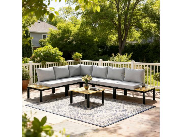 Outsunny Salon Jardin 6pcs Canapé Lit Modulable Table Basse Gris