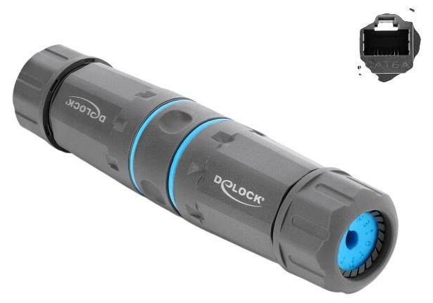 Delock RJ45 naar RJ45 kabelconnector Cat.6A met M23.5 x 1,5 mm schroefdraad, IP68, stof- en waterdicht, grijs