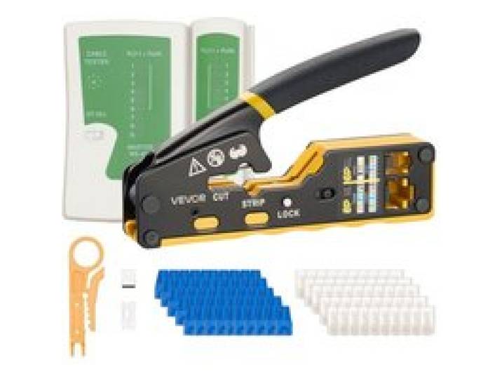 VEVOR Netzwerk Werkzeug Set, RJ45/RJ11/RJ12 Ethernet-Crimpzange-Set für 4/6/8-Polige Modularstecker, mit Mini-Abisolierzange, 50 Steckern & 50 Tüllen, Ersatzklingen & Netzwerkkabeltester