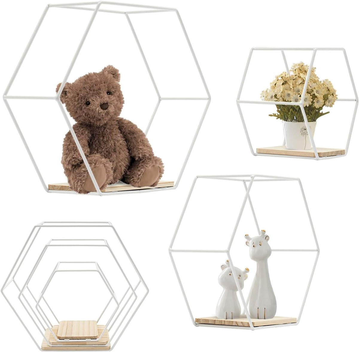Set van 3 Wandrek Zeshoek - Zwevend Wandrek - Wit Metaal en Hout