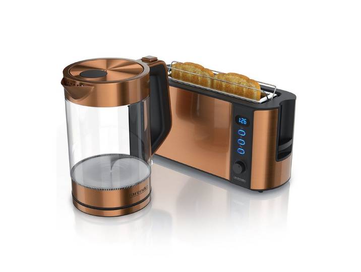 Arendo Frühstücks-Set Wasserkocher 1,7l & 2-Scheiben Langschlitz Toaster, Edelstahl, Kupfer (2-tlg), BPA-frei, GS-geprüfte Sicherheit, perfekt fürs Familienfrühstück