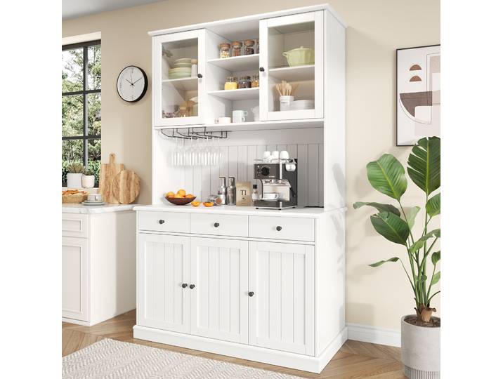 Meubliv Buffet Haut 120x40x191 Cm Blanc – Portes Vitrées\, Prises Intégrées Et Usb