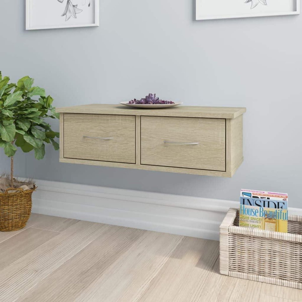 Zwevend wandrek met twee lades - Bruin - Breedte: 60 cm