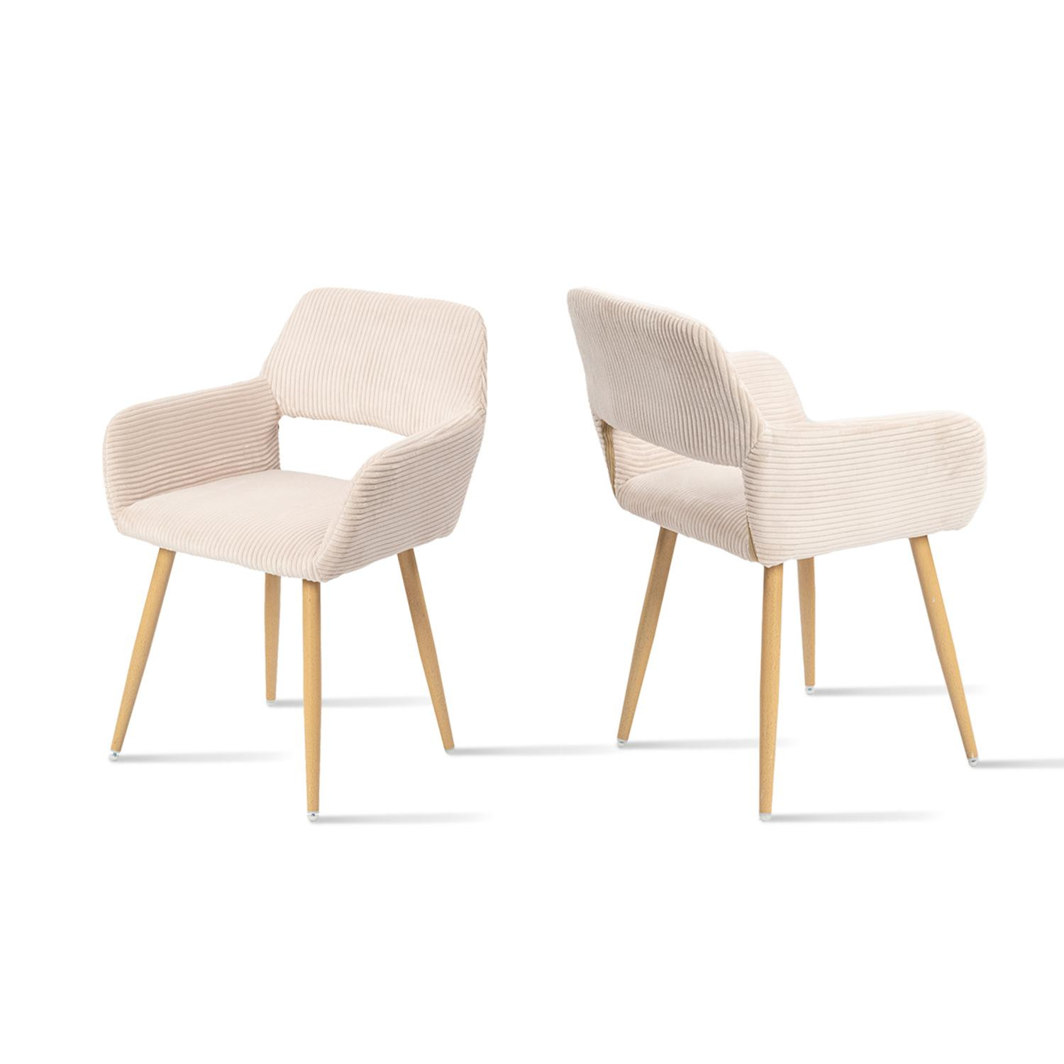 Meubles Cosy Set van 2 Scandinavische eetkamerstoelen met armleuningen beige corduroy CROMWELL