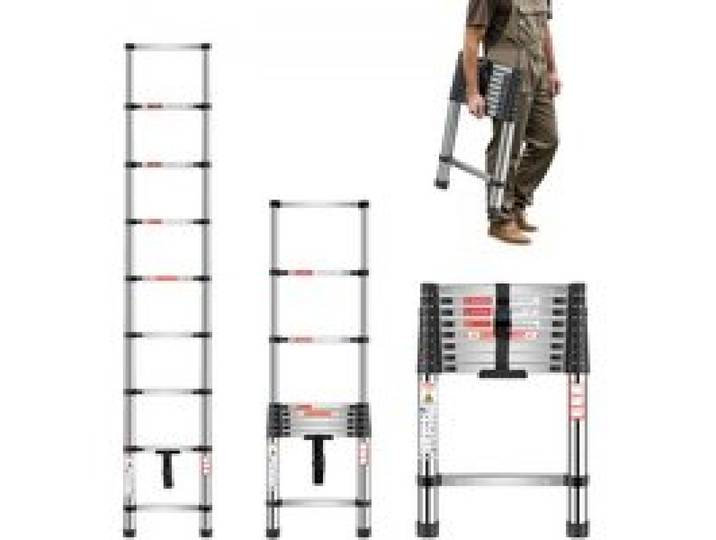 VEVOR Teleskopleiter, 254 cm lange, Ausziehleiter aus Edelstahl, Klappleiter mit Tragkraft von 150 kg (75°) & rutschfeste Füße, tragbare 9-Stufen-Leiter für Zuhause, Wohnmobil, Dachboden