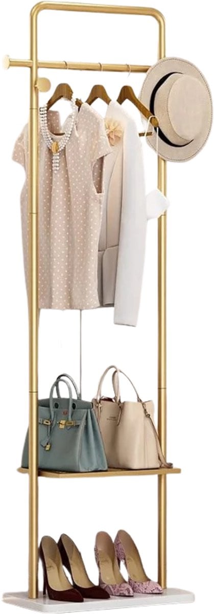 Novendo Goods Luxe gouden kledingrek met granieten basis en 4 haken en 2 planken