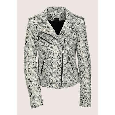 Jeansjacke MADELEINE "Lederjacke Kurzjacke mit Animal-Muster", Damen, Gr. 34, weiß (steingrau, wollweiß, multicolor), Obermaterial: 100% Ziegenveloursleder GOVL., Modern, Jacken Jeansjacke, Schlangenprint