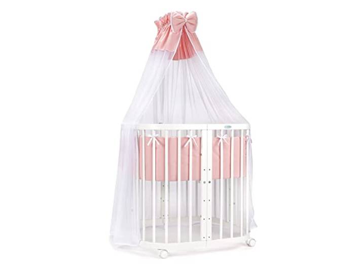 waldin Babybett 7in1, Matratze, Rollen, Regal, Weiß Stoff Lachs, Mitwachsend, Beistellbett aus Holz, Wiege optional