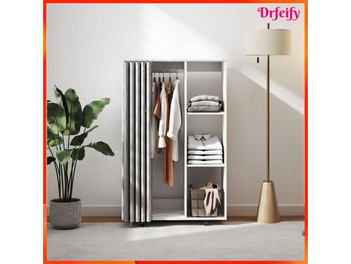 Armoire penderie mobile - AKOZON - 10806 - Blanc - 3 compartiments - Tringle intégrée - 4 roulettes