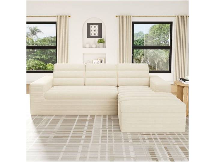 Canapé d'angle L modulable style nuage beige en velours côtelé montage inutile pour petits espaces