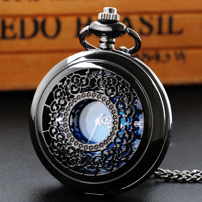 ModernMart Vintage Blue Dial Pocket Watch Necklace Quartz Antique Pendant Timepiece black
