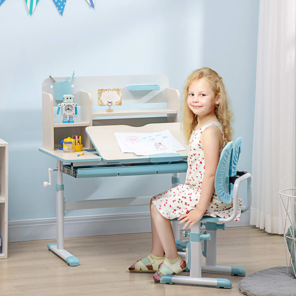 Homcom Bureau enfant et chaise, pupitre d'écolier réglable, 80x50x75cm, bleu Rose 80x109x52cm