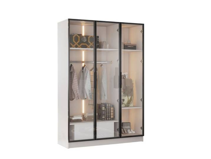 Armoire De Chambre Blanche 3 Portes Vitrées Tiroir Et Étendoir Rangement Spacieux Pour Dressing