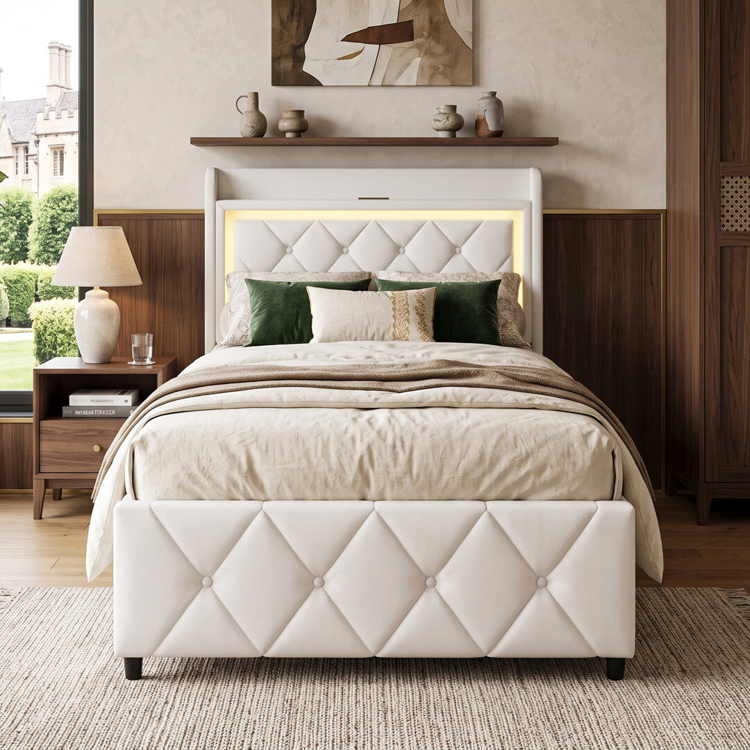Ivy Bronx UK & EU Velvet Storage Bed With Drawers & LED Headboard, Upholstered Bed Frame With USB-C Port,Beige Beige Single (3')