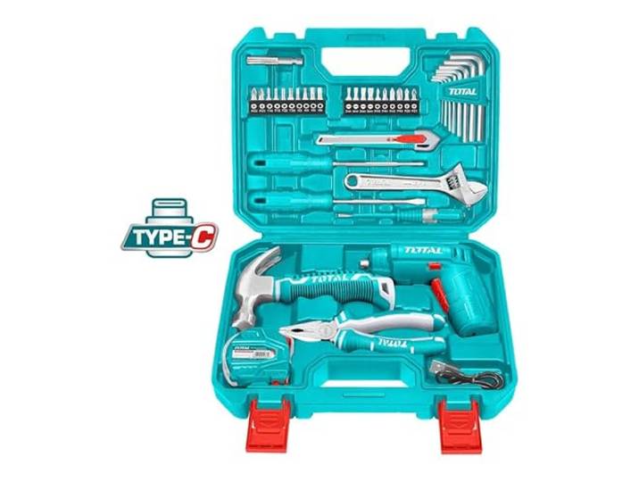 TOTAL - Mallette Outils Multifonctions 38 Pièces 1 Tournevis à Batterie 4V 16 Embouts 8 Clés Allen 2 Tournevis Pince Universelle Crayon Testeur Mini Marteau Mètre Ruban Cutter