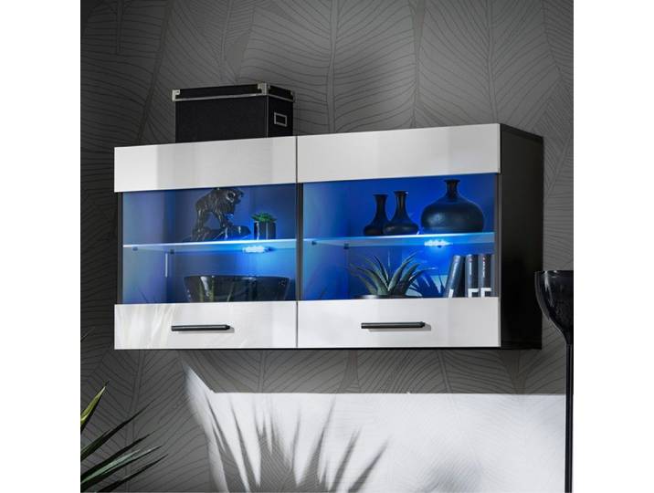 Vitrine Armoire Savona Komodee - LED bleues - Blanc Brillant et Noir - Facades en Brillant - 100 x 50 x 30 cm