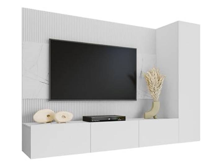 Mirjan24 Wohnwand Deromi VI, 3-teilig (Weiß + Weiß Marmor) Hängewohnwand mit TV-Paneel, 5 Innenfächern, TV-Lowboard mit 3 Fächern und Push-to-open-Funktion