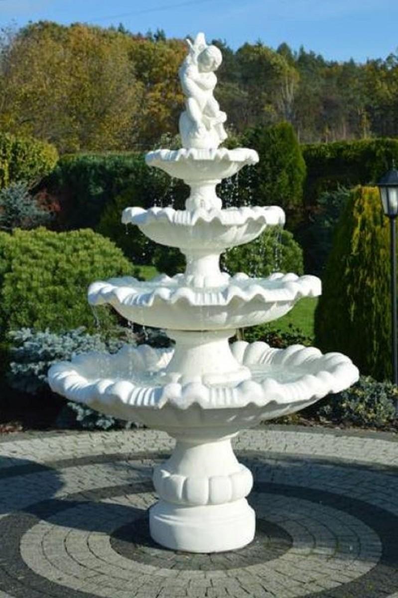 Casa Padrino Barock Springbrunnen Junge mit Fisch Weiß Ø 135 x H. 210 cm - Prunkvoller Gartenbrunnen im Barockstil - Runder Gartendeko Stein Brunnen - Barock Garten Deko Accessoires