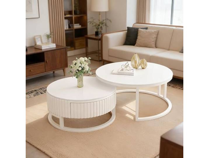 JPQTRYDRIS Weiss Couchtisch 50+70cm Rund Wohnzimmertisch Mit Stauraum Couchtisch 2er Set Modern Marmor Coffee Table Mit Schublade Satztische Kaffeetisch Fürs Wohnzimmer